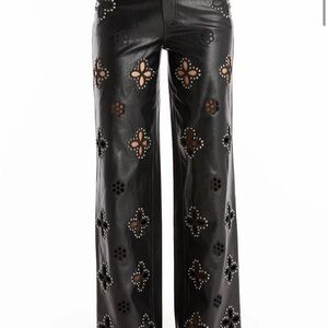 Noli Black Leather Wide-Leg Pants with Studded Floral Cutouts